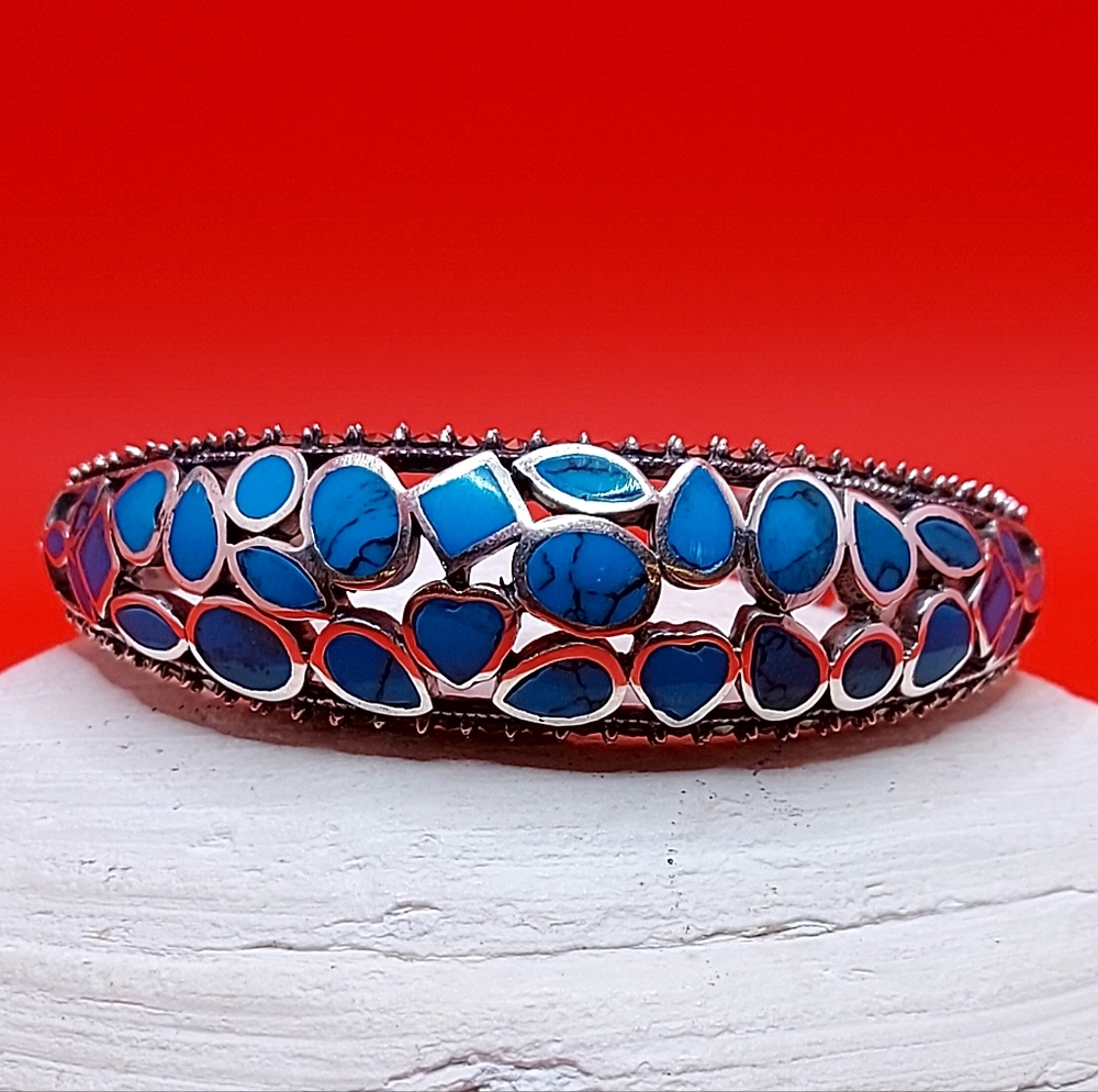 Natural Stabilized‎ Blue Turquoise 7x5mm & Marcasite 925 Sterling Silver Bangle - Picture 2 of 10